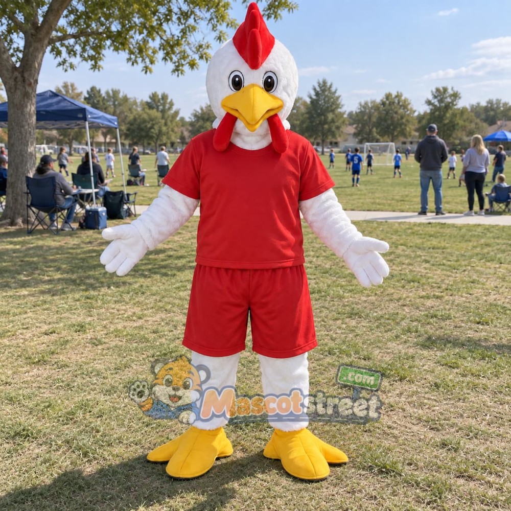 White Chicken Mascot Costume with Red Shirt and Shorts