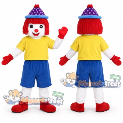Clown Mascot Costume with Yellow Shirt, Blue Shorts and Purple Hat