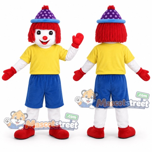 Clown Mascot Costume with Yellow Shirt, Blue Shorts and Purple Hat