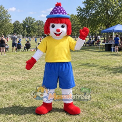 Clown Mascot Costume with Yellow Shirt, Blue Shorts and Purple Hat