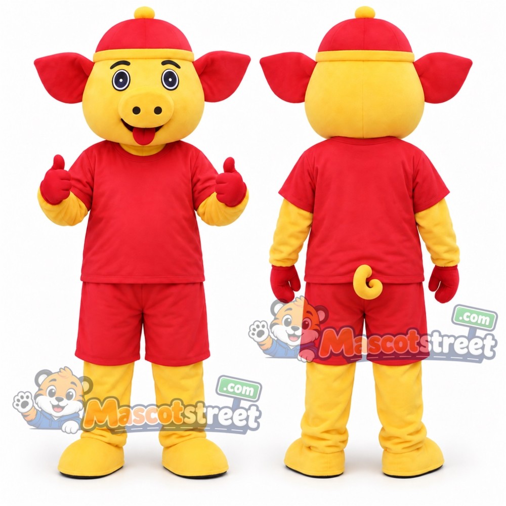 Yellow and Red Pig Mascot Costume with Red Shirt, Red Shorts and Red Cap