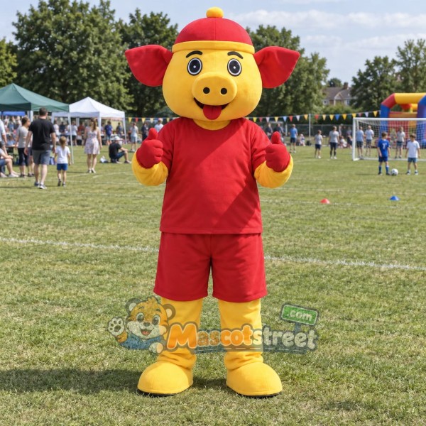 Yellow and Red Pig Mascot Costume with Red Shirt, Red Shorts and Red Cap