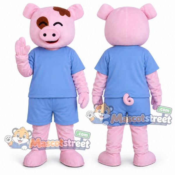 Pink Pig Mascot Costume with Light Blue Shirt and Shorts
