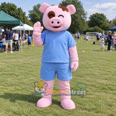 Pink Pig Mascot Costume with Light Blue Shirt and Shorts