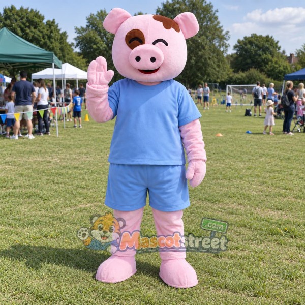 Pink Pig Mascot Costume with Light Blue Shirt and Shorts