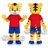 Yellow Tiger Mascot Costume with Red Shirt and Blue Shorts