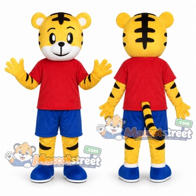Yellow Tiger Mascot Costume with Red Shirt and Blue Shorts Yellow Tiger Mascot Costume with Red Shirt and Blue Shorts