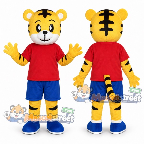 Yellow Tiger Mascot Costume with Red Shirt and Blue Shorts