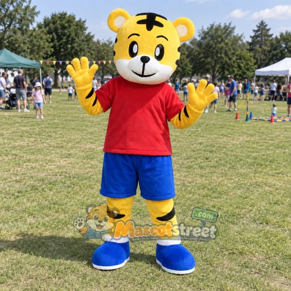 Yellow Tiger Mascot Costume with Red Shirt and Blue Shorts