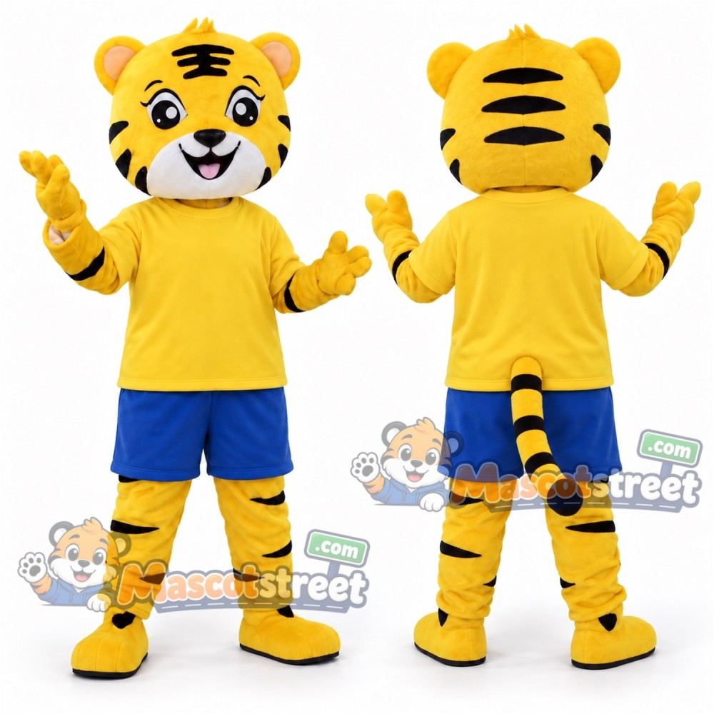 Yellow Tiger Mascot Costume with Yellow Shirt and Blue Shorts Yellow Tiger Mascot Costume with Yellow Shirt and Blue Shorts