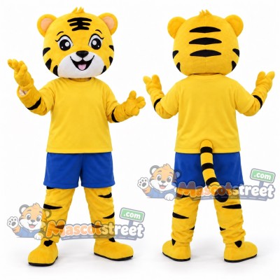 Yellow Tiger Mascot Costume with Yellow Shirt and Blue Shorts Yellow Tiger Mascot Costume with Yellow Shirt and Blue Shorts