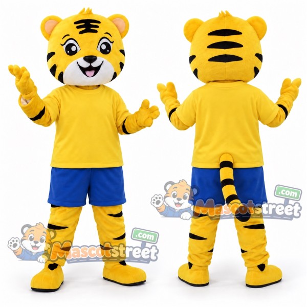 Yellow Tiger Mascot Costume with Yellow Shirt and Blue Shorts