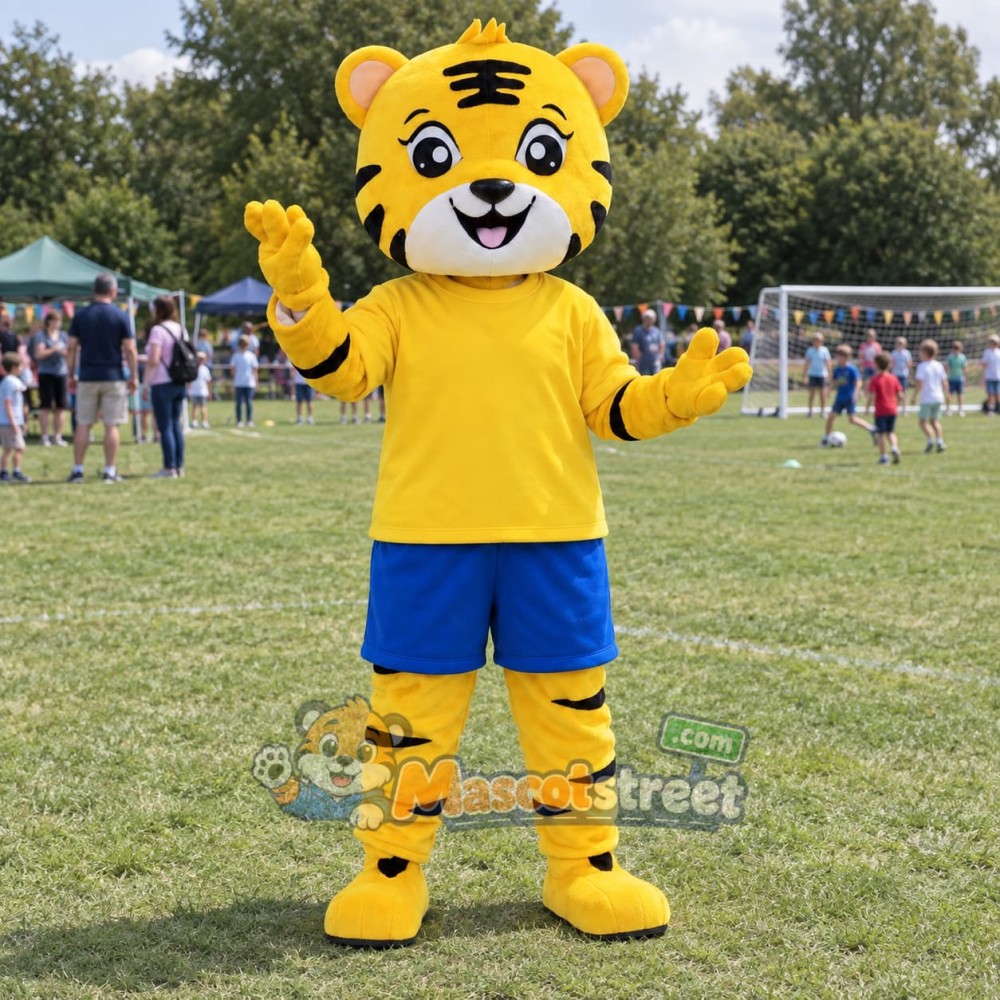 Yellow Tiger Mascot Costume with Yellow Shirt and Blue Shorts Yellow Tiger Mascot Costume with Yellow Shirt and Blue Shorts