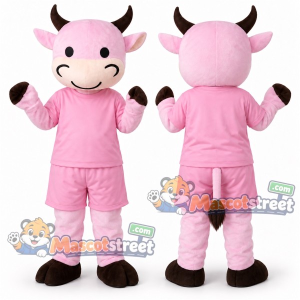 Pink Cow Mascot Costume with Pink Shirt and Shorts