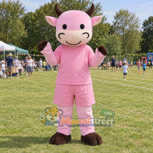 Pink Cow Mascot Costume with Pink Shirt and Shorts