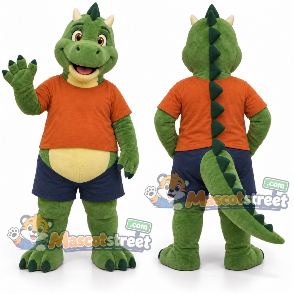 Green Dinosaur Mascot Costume with Orange Shirt and Navy Shorts Green Dinosaur Mascot Costume with Orange Shirt and Navy Shorts
