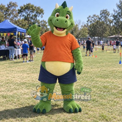 Green Dinosaur Mascot Costume with Orange Shirt and Navy Shorts Green Dinosaur Mascot Costume with Orange Shirt and Navy Shorts