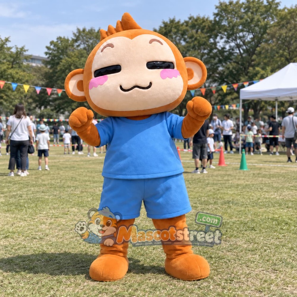 Orange Monkey Mascot Costume with Blue Shirt and Shorts