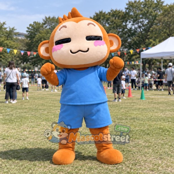 Orange Monkey Mascot Costume with Blue Shirt and Shorts