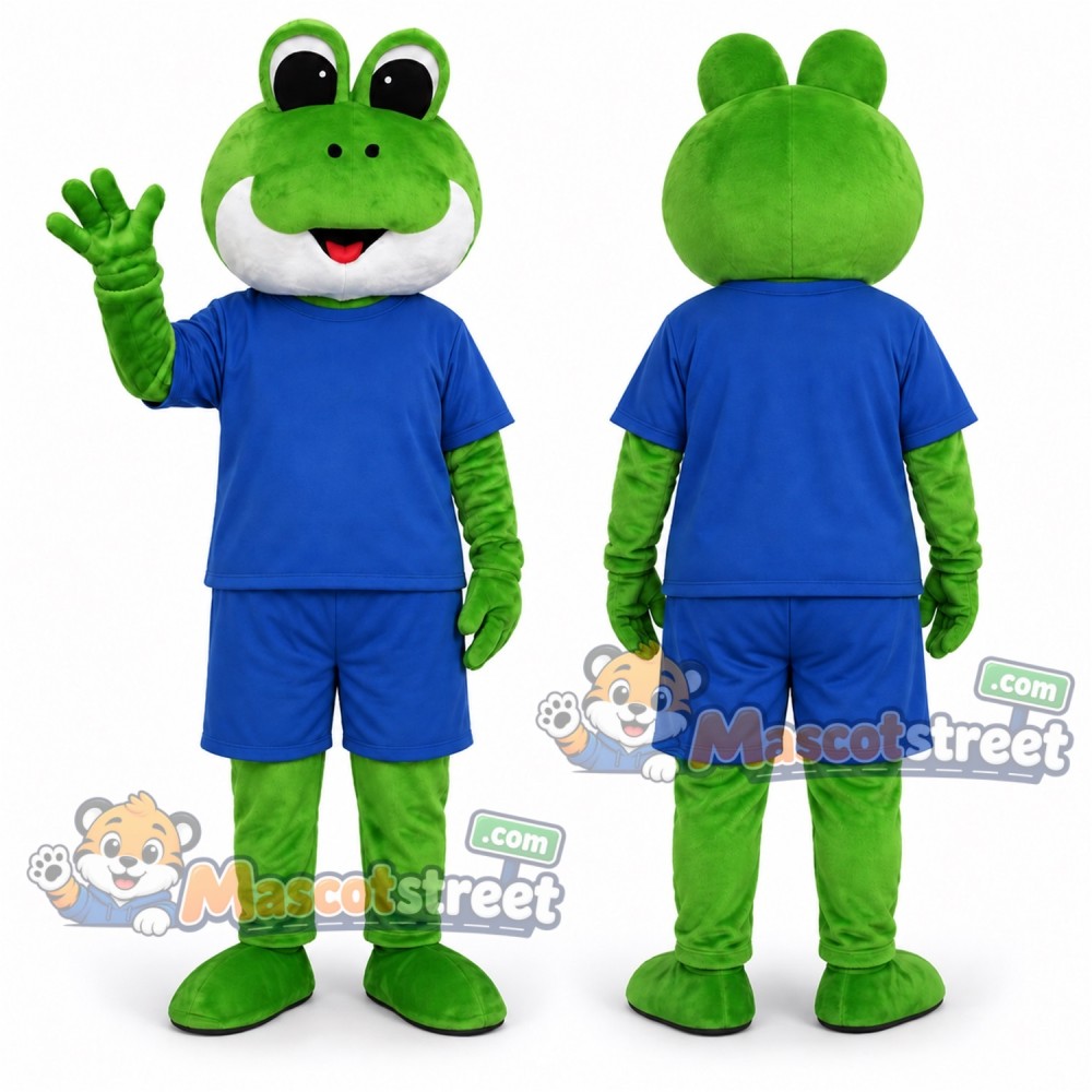 Green Frog Mascot Costume with Blue Shirt and Shorts Green Frog Mascot Costume with Blue Shirt and Shorts