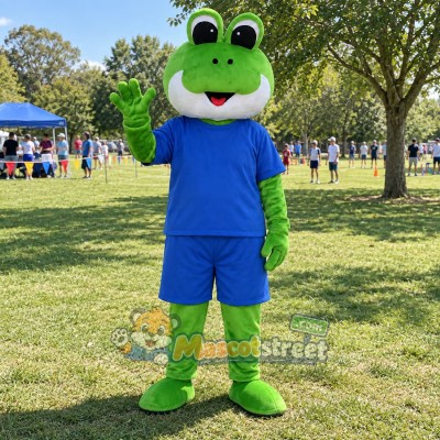 Green Frog Mascot Costume with Blue Shirt and Shorts Green Frog Mascot Costume with Blue Shirt and Shorts