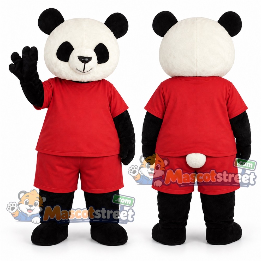 Panda Mascot Costume with Red Shirt and Shorts
