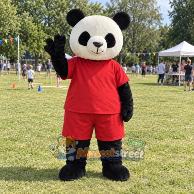 Panda Mascot Costume with Red Shirt and Shorts