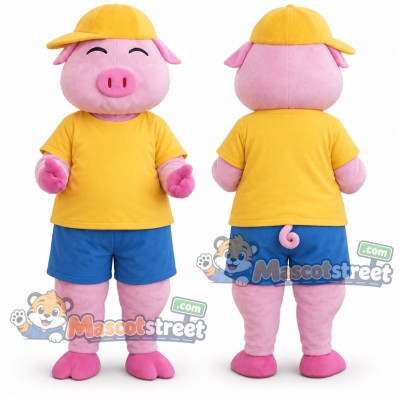 Pink Pig Mascot Costume with Yellow Shirt, Blue Shorts and Yellow Cap Pink Pig Mascot Costume with Yellow Shirt, Blue Shorts and Yellow Cap