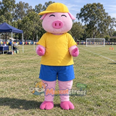 Pink Pig Mascot Costume with Yellow Shirt, Blue Shorts and Yellow Cap Pink Pig Mascot Costume with Yellow Shirt, Blue Shorts and Yellow Cap