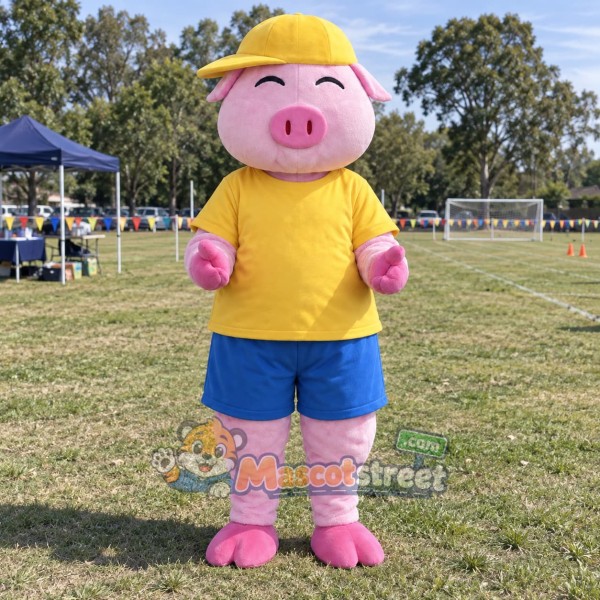 Pink Pig Mascot Costume with Yellow Shirt, Blue Shorts and Yellow Cap