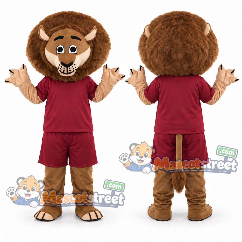 Brown Lion Mascot Costume with Burgundy Shirt and Shorts
