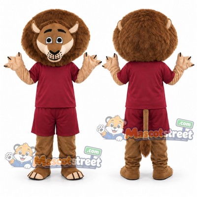 Brown Lion Mascot Costume with Burgundy Shirt and Shorts