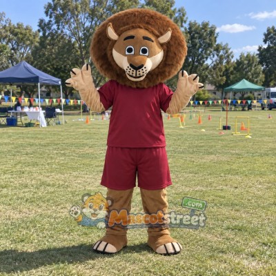 Brown Lion Mascot Costume with Burgundy Shirt and Shorts