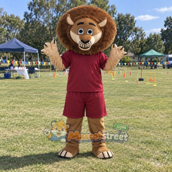 Brown Lion Mascot Costume with Burgundy Shirt and Shorts