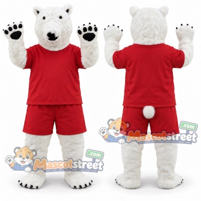 White Polar Bear Mascot Costume with Red Shirt and Shorts White Polar Bear Mascot Costume with Red Shirt and Shorts