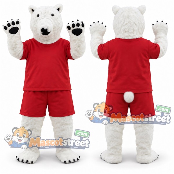 White Polar Bear Mascot Costume with Red Shirt and Shorts