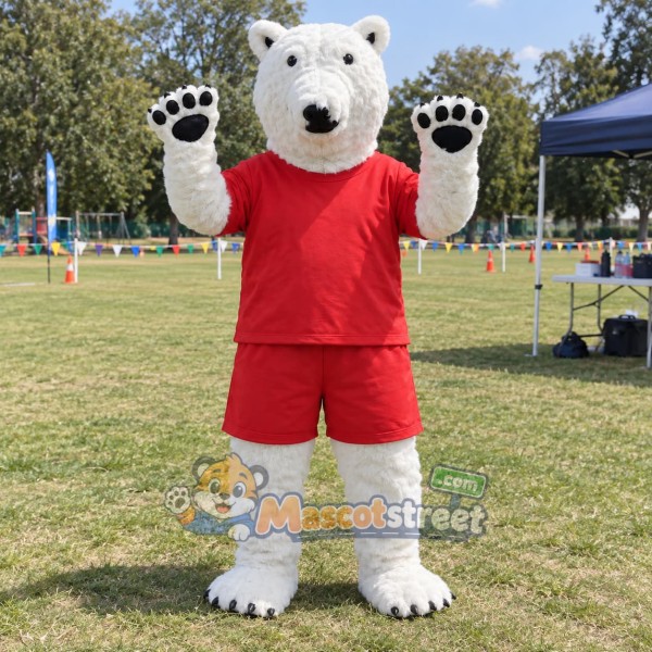 White Polar Bear Mascot Costume with Red Shirt and Shorts