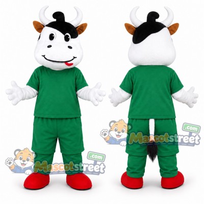 White Cow Mascot Costume with Green Shirt and Shorts