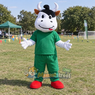 White Cow Mascot Costume with Green Shirt and Shorts