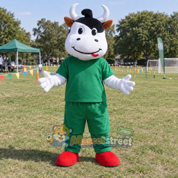 White Cow Mascot Costume with Green Shirt and Shorts