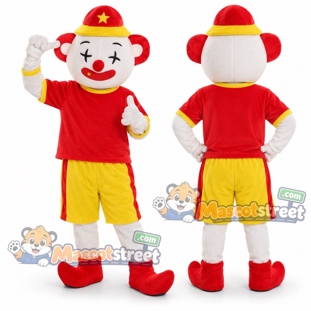 Clown Mascot Costume with Red Shirt, Yellow Shorts and Red Hat