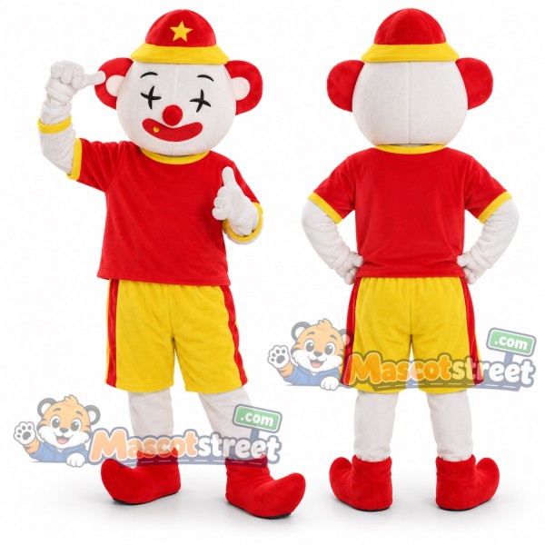 Clown Mascot Costume with Red Shirt, Yellow Shorts and Red Hat