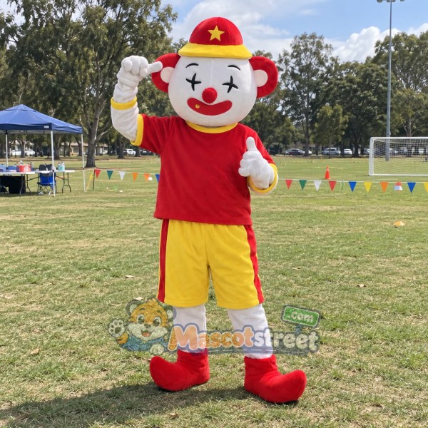 Clown Mascot Costume with Red Shirt, Yellow Shorts and Red Hat
