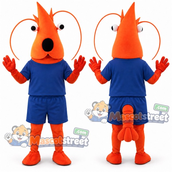 Orange Shrimp Mascot Costume with Blue Shirt and Shorts