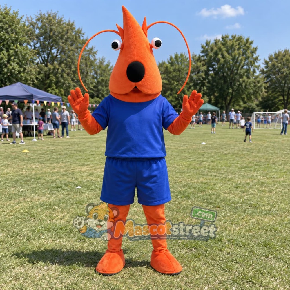 Orange Shrimp Mascot Costume with Blue Shirt and Shorts