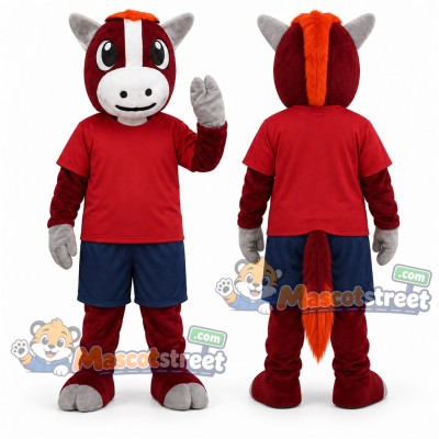 Burgundy Horse Mascot Costume with Red Shirt and Navy Shorts Burgundy Horse Mascot Costume with Red Shirt and Navy Shorts
