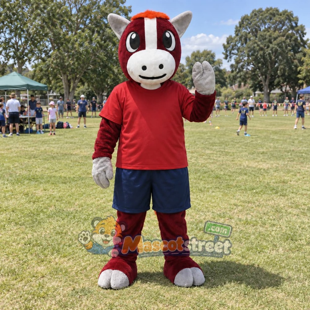 Burgundy Horse Mascot Costume with Red Shirt and Navy Shorts Burgundy Horse Mascot Costume with Red Shirt and Navy Shorts