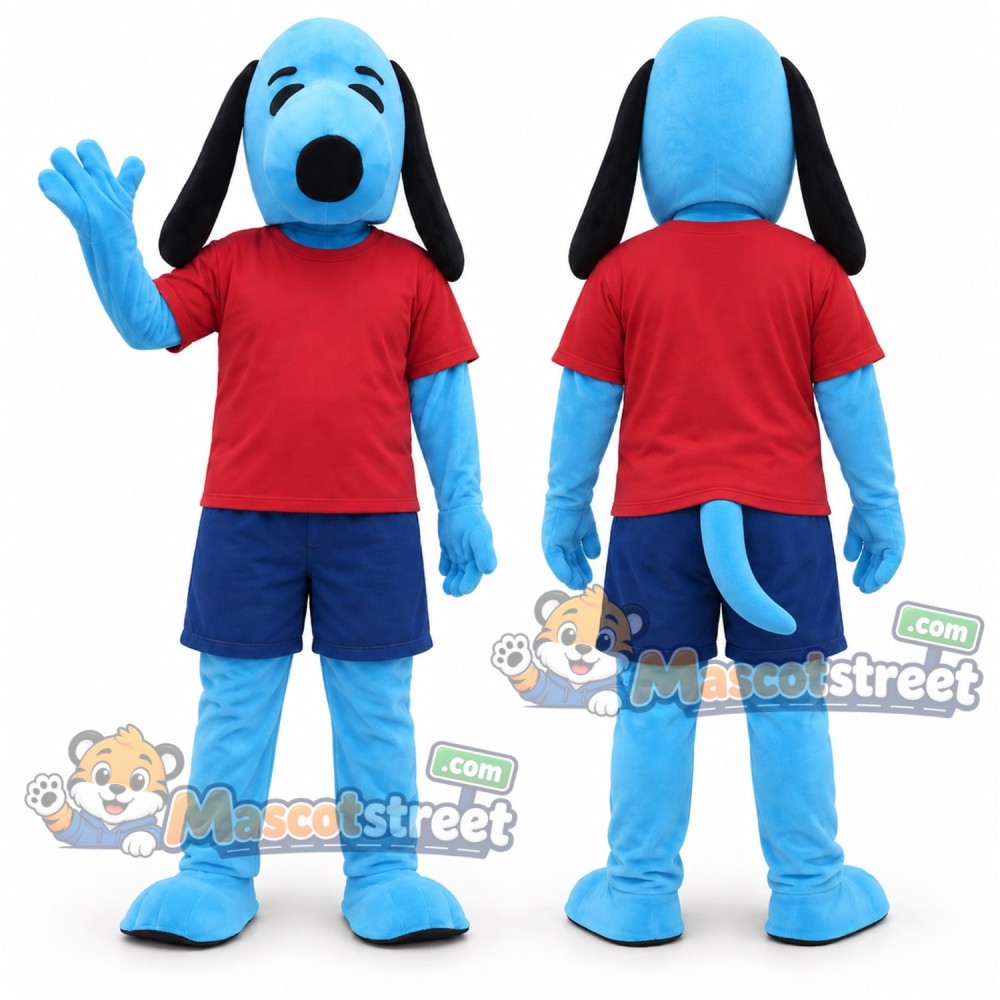 Blue Dog Mascot Costume with Red Shirt and Navy Shorts