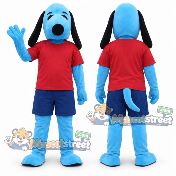 Blue Dog Mascot Costume with Red Shirt and Navy Shorts