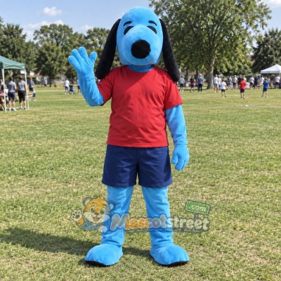 Blue Dog Mascot Costume with Red Shirt and Navy Shorts